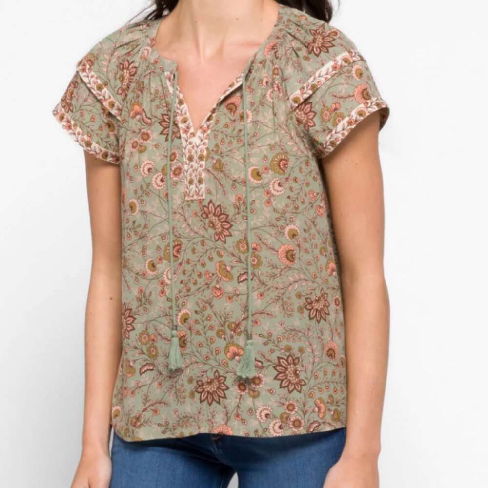 Les Serein Floral Print Short Sleeve Blouse Size M